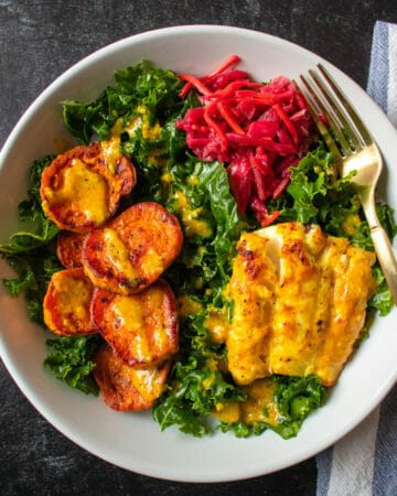 Miso-Ginger Cod Bowls With Sweet Potato and Kale