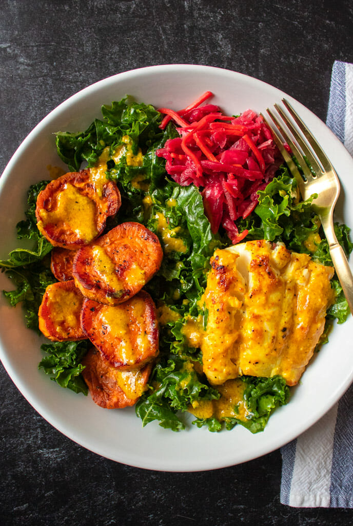 Miso-Ginger Cod Bowls With Sweet Potato and Kale