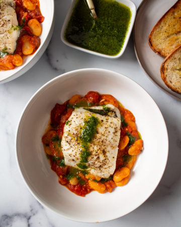 Baked Fish Over Tomato and Bean Stew