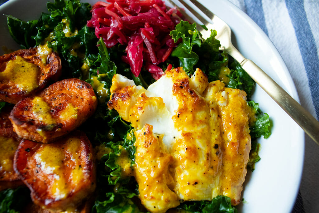 Miso-Ginger Cod Bowls With Sweet Potato, Kale