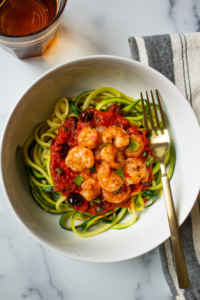 Shrimp Puttanesca with Zoodles (One Pot Meal)