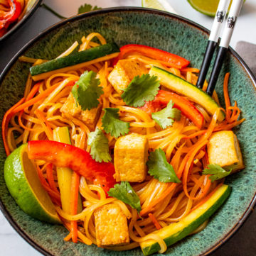 Tofu and Veggie Stir Fry Rice Noodles (Vegan and Gluten Free Options)