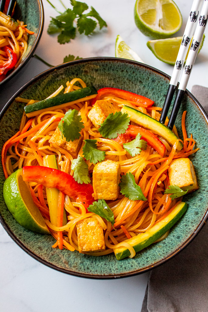 Tofu and Veggie Stir Fry Rice Noodles (Vegan and Gluten Free Options)