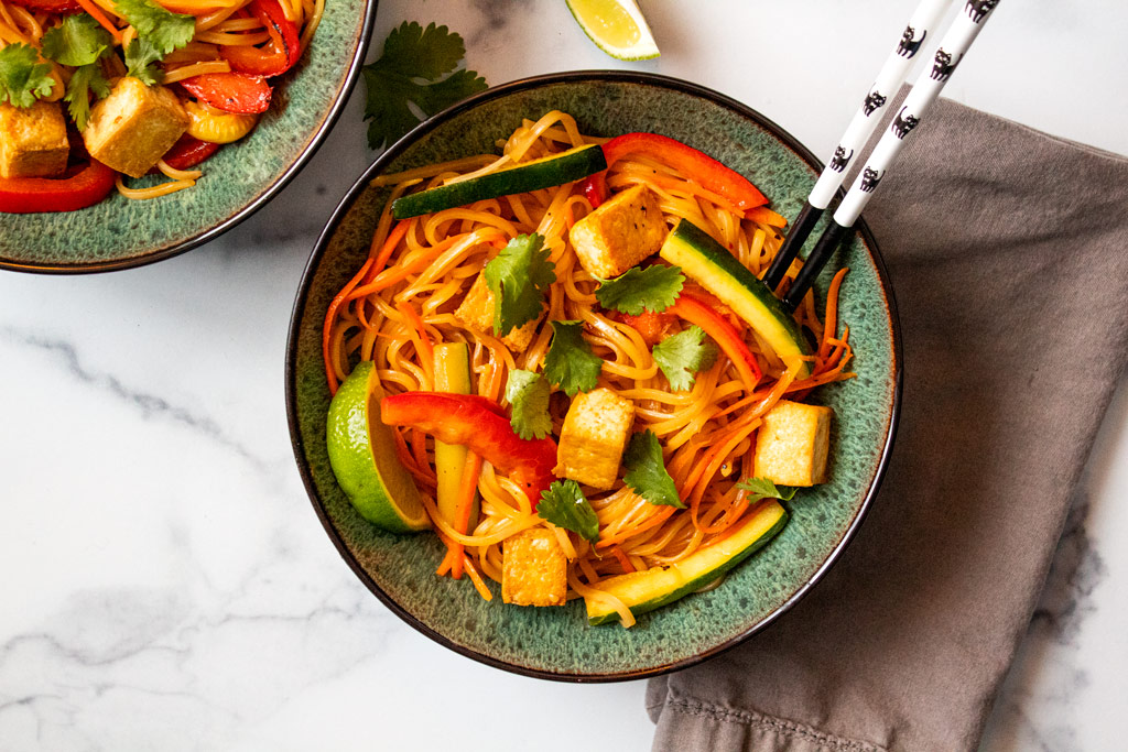 Tofu and Veggie Stir Fry Rice Noodles (Vegan and Gluten Free Options)