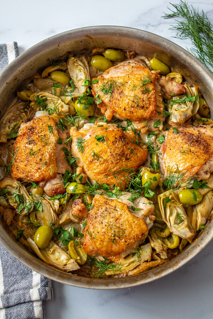 Chicken Thighs with Fennel, Artichoke, and Olives