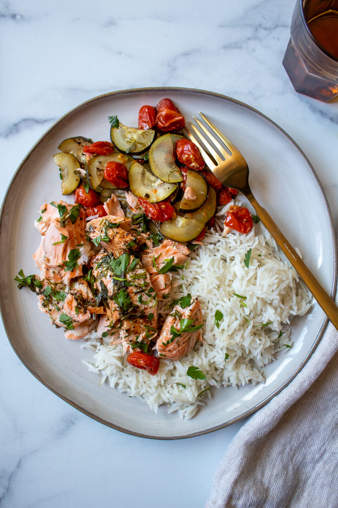 Salmon served with rice